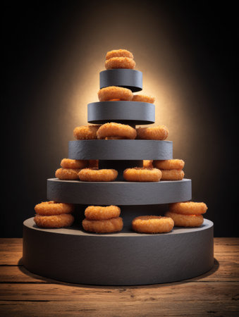 Donuts arranged on tiered platforms create a unique tower presentation, lit to highlight the pastrys texture.の素材