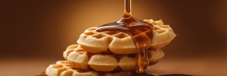 Stacks of fluffy waffles are generously drizzled with rich syrup, creating a tempting dessert experience.の素材