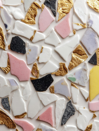 A vibrant terrazzo surface showcases an array of colorful fragments, blending textures and shapes for a stylish design.の素材