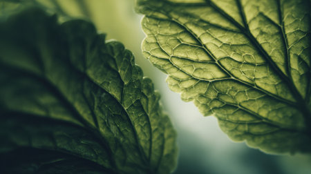 A detailed look at lush green leaves showing their textured patterns and vibrant color under soft light.の素材
