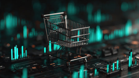 A miniature shopping cart sits on a digital circuit board.の素材