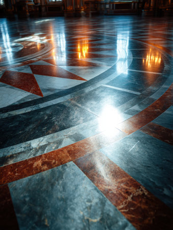 Soft reflections dance on a polished marble floor adorned with intricate patterns in a grand, historic space.の素材
