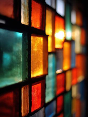 Vibrant stained glass casts stunning colors as sunlight streams in, enhancing the rooms atmosphere.の素材
