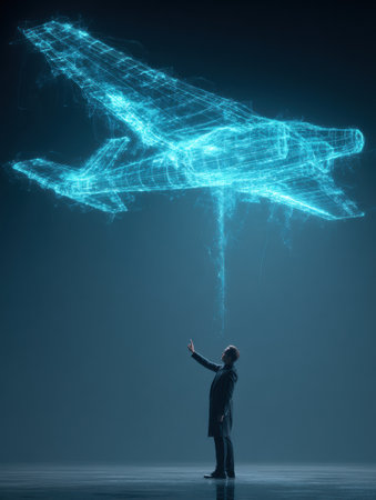 Amazed, a person reaches for a holographic airplane hovering in a dark setting, showcasing advanced tech.の素材