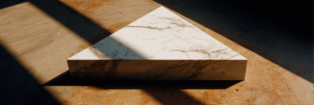 A triangular marble sculpture rests on a smooth surface, lit by daylight and casting soft, enhancing shadows.の素材