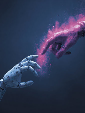 A human hand reaches for a robotic hand, blending technology and creativity in a colorful display.の素材