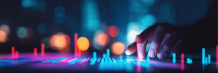 A hand touches a glowing touchscreen with colorful data patterns and blurred city lights in the background.の素材