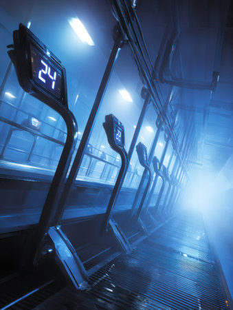 An eerie hallway has digital displays on metal structures, shrouded in a mysterious fog.の素材