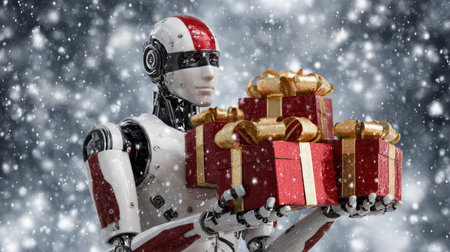 A robot gracefully carries several beautifully wrapped presents while snowflakes gently fall around in a winter scene.の素材