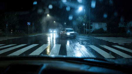 Rainy night driving scene. Car windshield shows rain drops.の素材