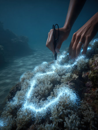 A person uses a glowing marker to create designs on a coral reef, showcasing marine life in a peaceful underwater scene.の素材