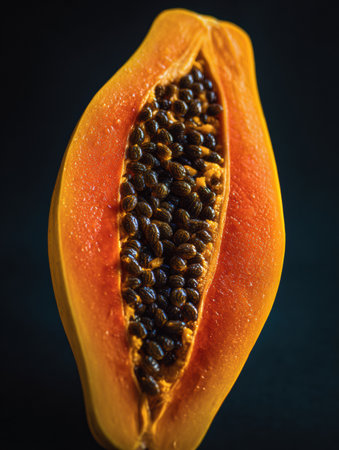 Half of a yellow-orange papaya is shown, revealing the juicy flesh and the pile of small black seeds inside the fruit.の素材