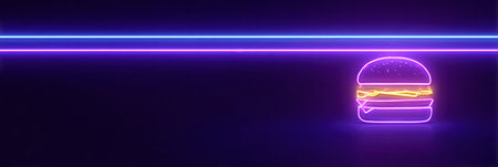 A neon burger shines brightly in a dark setting, illuminated by colorful blue and purple lines, creating a modern vibe.の素材