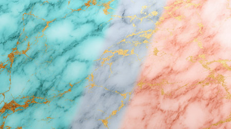 Marble texture with turquoise, pink, and white tones and gold veins creates a luxurious look.の素材