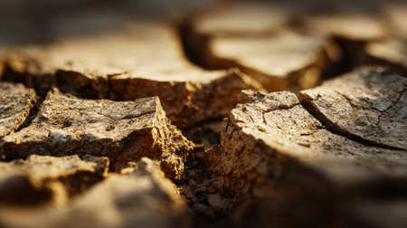 Dry soil shows cracks and uneven surfaces in warm sunlight, reflecting the effects of drought conditions on the ground.の素材