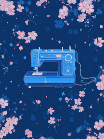 A sewing machine on a dark floral background, inspiring creativity in fabric design.の素材
