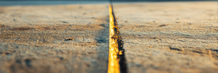 Warm sunlight highlights a crack in the concrete, showing a yellow line on the surface.の素材