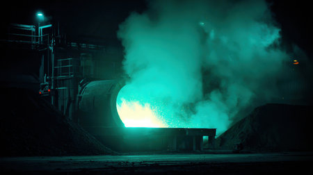 A glowing blue light from molten metal fills a nighttime industrial furnace as smoke rises around it.の素材