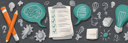 Illustrations show a creative brainstorming session with tools and ideas on a chalkboard background.の素材