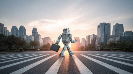 A robot carries a briefcase and walks across a crosswalk.の素材