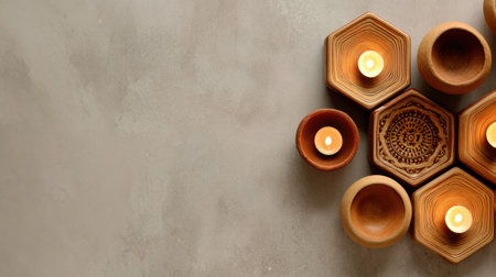 Candles burn within small pottery and hexagonal candle holders. This creates a warm, inviting light on a plain surface.の素材