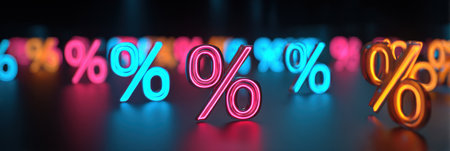 Vibrant neon percentage signs in blue, pink, and orange illuminated against a dark background create a striking visual.の素材