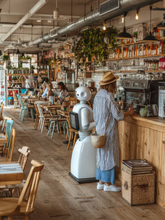 Woman stands at the counter ordering. A robot waiter is beside her. Other people are sitting at tables.の素材