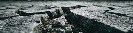 Cracked ground showcases severe drought conditions in a barren landscape under bright midday sunlight.の素材