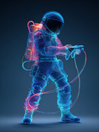 A digital illustration depicts a space explorer with a glowing gaming device, merging tech and creativity.の素材