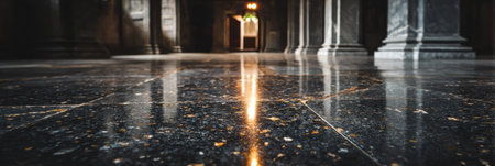Light shines on the marble floor, enhancing the elegant architecture and creating a serene hall atmosphere.の素材
