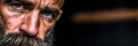 Man with gray beard stars intensely. The closeup highlights details of his face, including wrinkles and blue eyes.の素材