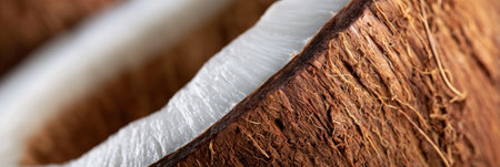 Close-up of a coconut shell highlighting the rough outer texture and smooth, white inner flesh under natural light.の素材