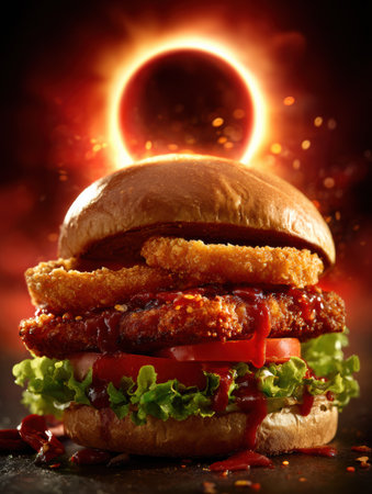 Juicy burger with lettuce, tomatoes, crispy onion rings, and sauceの素材