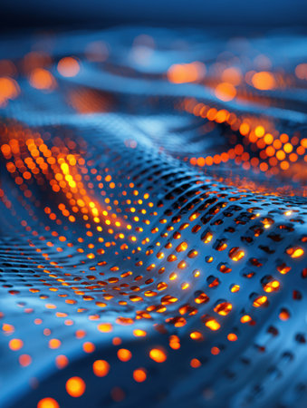 Orange dots form patterns on a textured blue surface, creating a mesmerizing interplay of color and texture.の素材