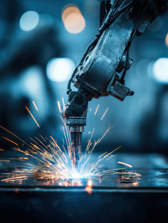 A robotic arm performs welding, creating bright sparks in a busy factory environment filled with machinery.の素材