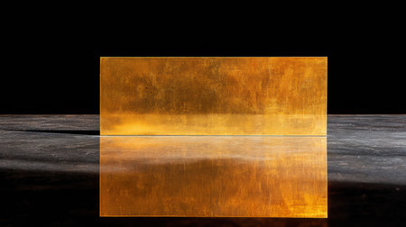 A golden block rests on a reflective surface, lit softly to highlight its smooth textures and vibrant colors.の素材