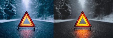 A warning triangle sits on a wet road with snow-laden trees in the background, creating a chilly winter scene.の素材