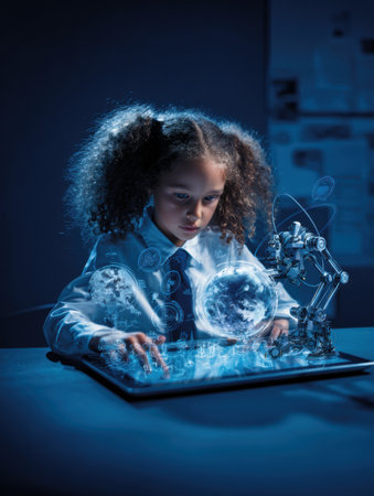 A child in a formal shirt explores a holographic interface and robotic arm in a modern setting.の素材