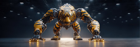 A robotic tiger with intricate metallic details crouches down in a modern setting, exuding power and innovation.の素材