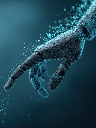 A robotic hand extends elegantly through swirling glowing particles, highlighting advanced tech in a digital space.の素材