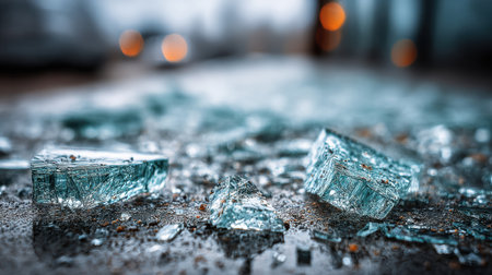 Pieces of broken glass lie on the wet pavement, reflecting city lights under a cloudy sky on a rainy day.の素材
