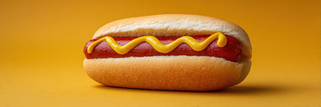 Tasty hot dog topped with mustard rests on a vibrant yellow surface, capturing the essence of classic comfort food.の素材