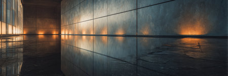 An empty interior features a glossy floor reflecting lights from the wall.の素材