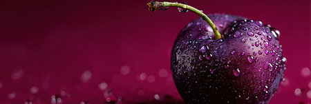 A close-up of a water-droplet-covered purple cherry, highlighting vivid colors and textures on a bright backdrop.の素材