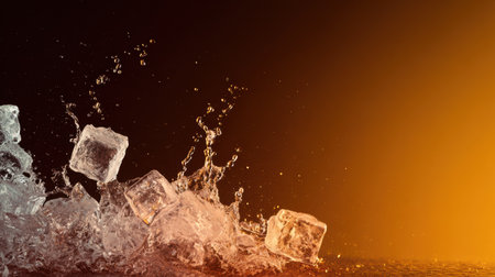 Ice cubes crash into water, sending droplets flying against a warm gradient backdrop in a lively moment.の素材