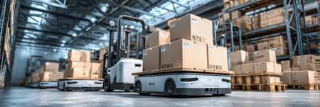 Automated pallet jacks move boxes efficiently in a busy warehouse filled with shelves of products.の素材