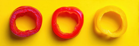 Three bell pepper slices on a bright yellow background showcase their vibrant colors and freshness.の素材