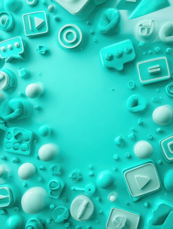 Teal background with 3D digital icons and shapes, symbolizing technology and communication.の素材