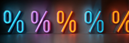 Neon percentage signs glow in the dark, creating a modern and dynamic atmosphere.の素材