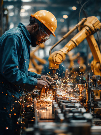 A skilled worker uses tools to shape metal in a bustling factory, surrounded by machinery and sparks flying.の素材